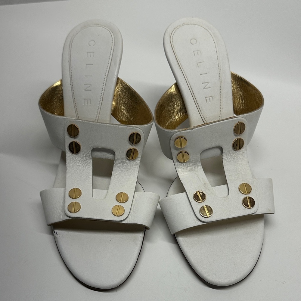 Celine Triomphe Heels High Heel Shoes Open Toe Leather White Gold Studs Size 37 - Picture 9 of 14